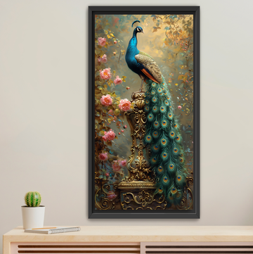 Pedestal Peacock - Framed Canvas Print