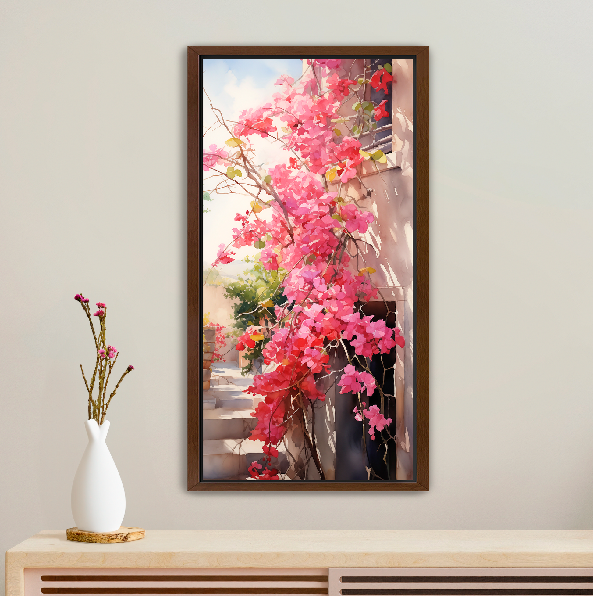 Walnut Floating Frame Canvas Pink Bougainvillea Rustic Scene